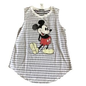 Disney Mickey Mouse Striped Sleeveless Tank Top Grey White Curved Hem Womens m